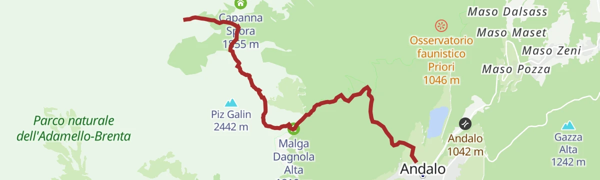 Route map: Trekking from Andalo to Passo Dagnola and to Malga Spora